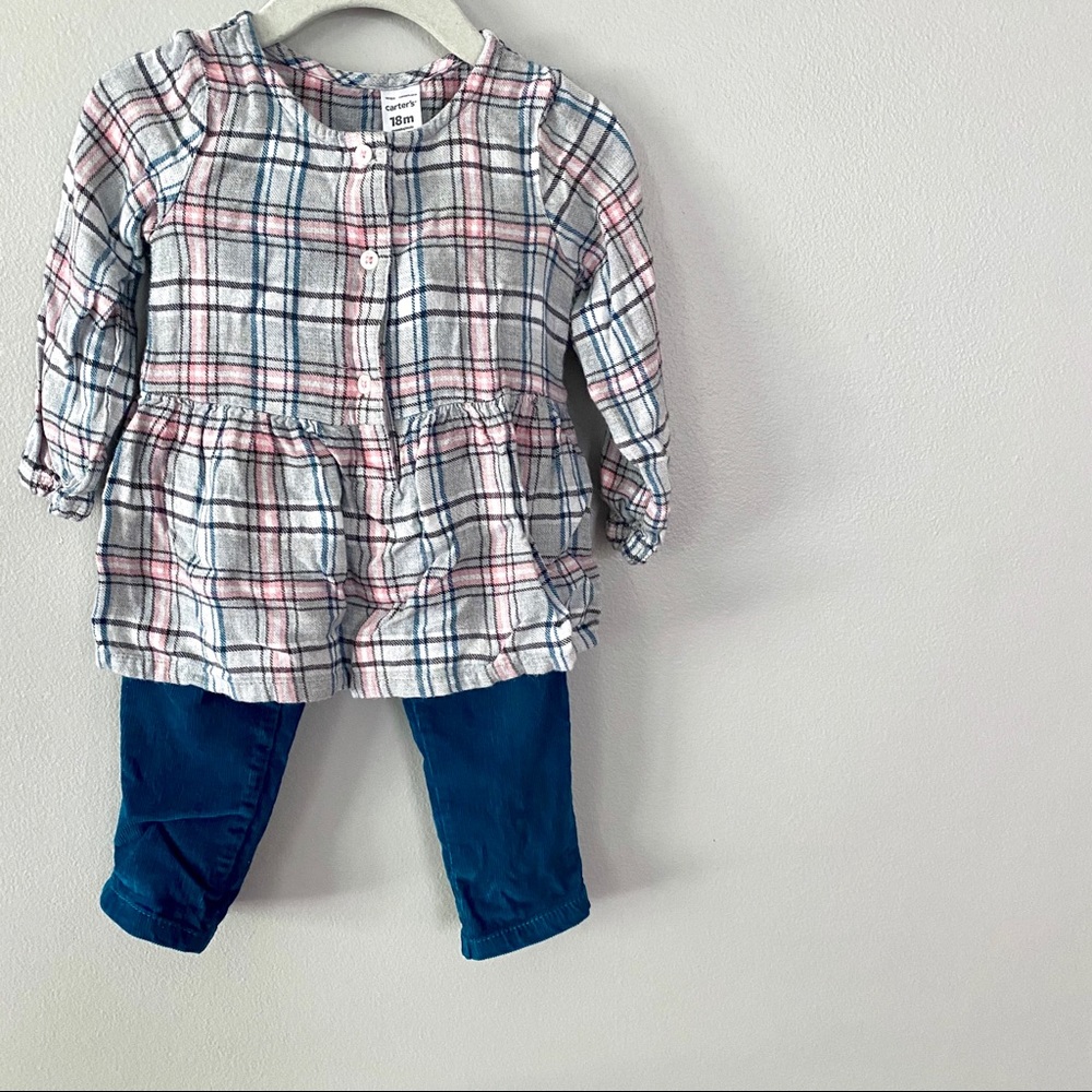Green plaid and corduroy fall outfit